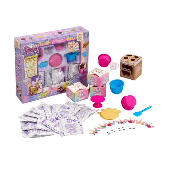 De doos en de inhoud van de Tasty Tinies Unicorn Party Pack