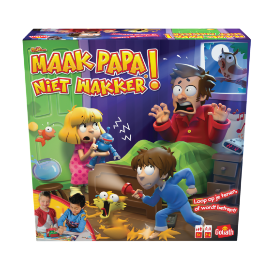 De voorkant van de doos van het kinderspel Maak Papa Niet wakker