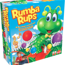 De doos van het actiespel Rumba Rups vanuit een linkerhoek