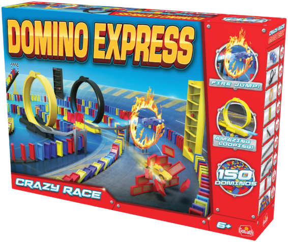 De doos van Domino Express Crazy Race Refresh vanuit een rechterhoek