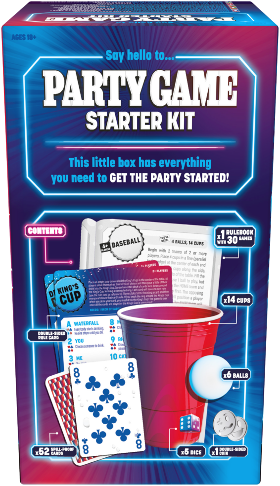De achterkant van de doos van het drankspel Party Game Starter Kit