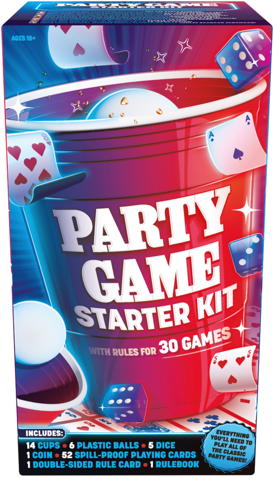 De voorkant van de doos van het drankspel Party Game Starter Kit