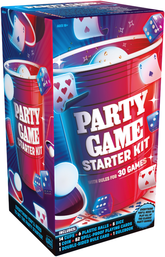 De doos van het partyspel Party Game Starter Kit vanuit een linkerhoek
