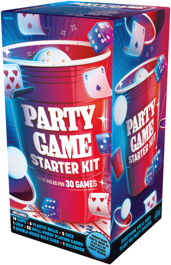De doos van het partyspel Party Game Starter Kit vanuit een rechterhoek