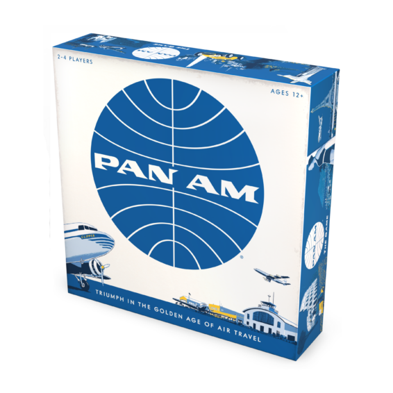 De doos van het strategische bordspel Pan Am vanuit een rechterhoek