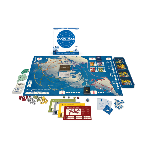 De doos en de inhoud van het spel strategische bordspel Pan Am