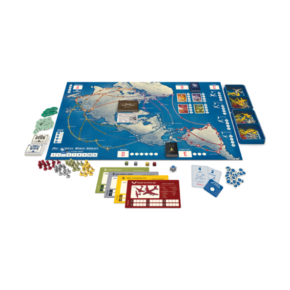 De inhoud van de doos van het strategische bordspel Pan Am the Game