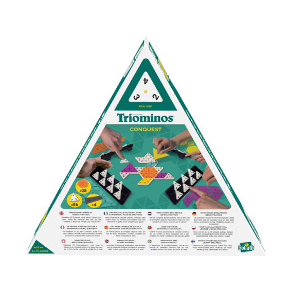 De achterkant van de doos van het strategische bordspel Triominos Conquest