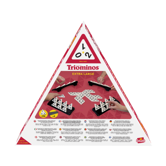 De achterkant van de doos van het strategische bordspel Triominos Extra Large