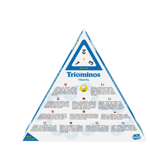 De achterkant van de doos van het strategische reisspel Triominos Travel '24